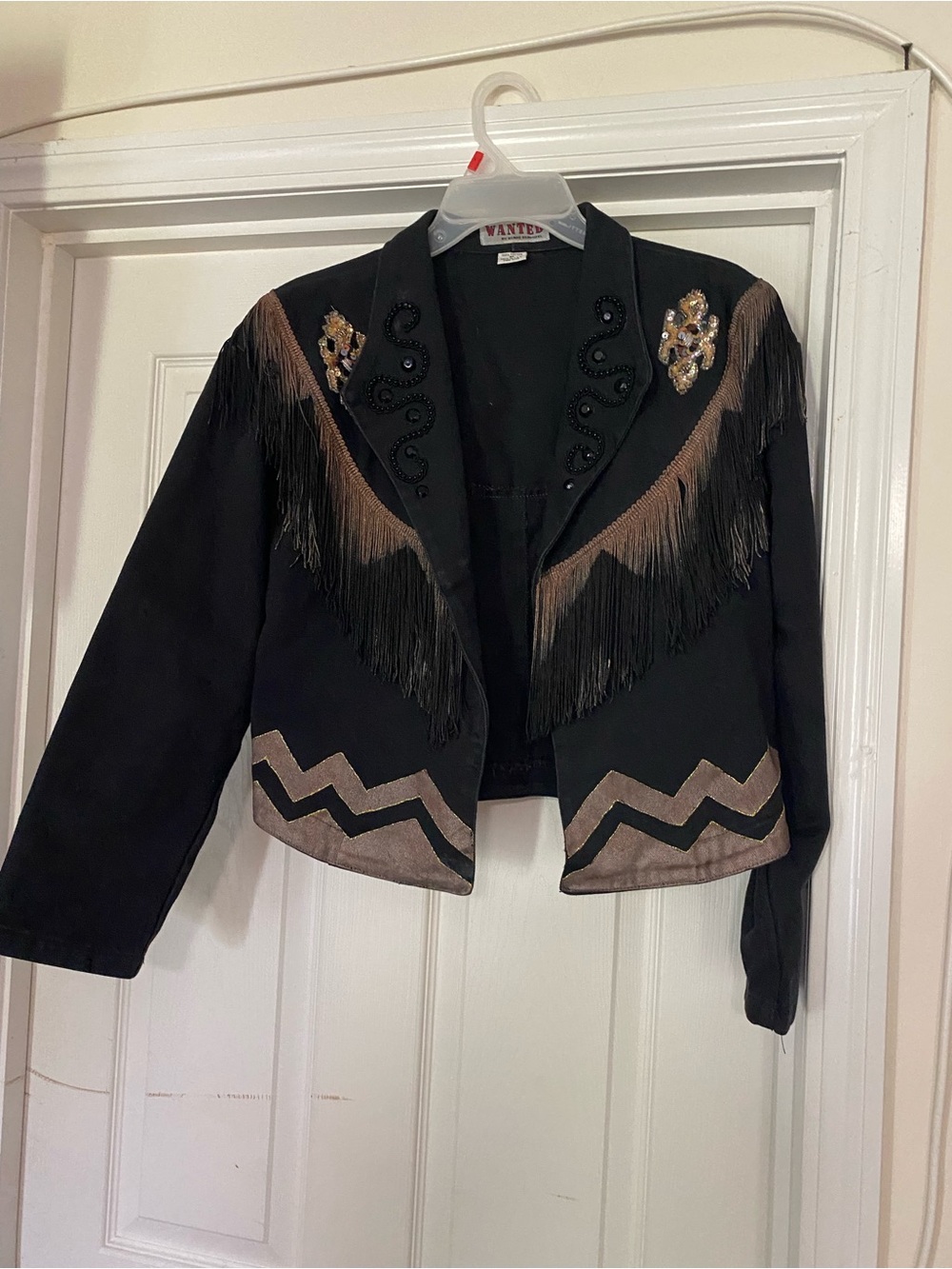 Wanted Black Jean-Style Jacket with Taupe Fringe & Embellishment